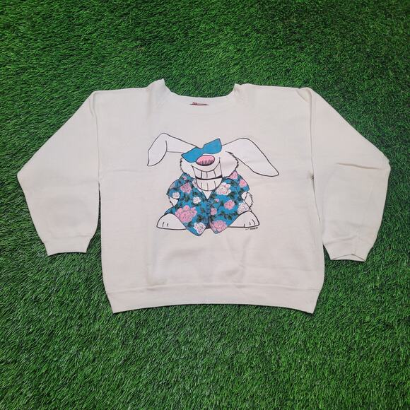 VTG 1985 Funny Rabbit Sweatshirt Womens Large (Tagged M) Cropped 3/4 Sleeve - Picture 1 of 8